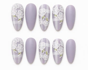Purple Floral Press On Nails, Cute Floral Nails, Minimal Korean Style Nails, Clean Girl Press On Nails, Handmade Reusable Nails