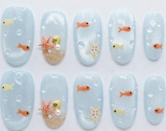Goldfish Press On Nails, Blue Cat Eye Nails, Ocean Nails, Beach Vacation Nails, Summer Nails, Custom Nails, Reusable Press On Nails, Short