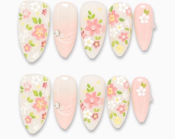 Pastel Floral Press On Nails, Handmade Spring Nails, Short Almond Nails, Cute Flower Nail Art, Wedding Bridesmaid Nails