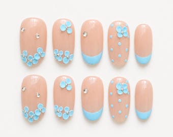 Blue Floral Nails, Blue Daisy Press On Nails, Nude French Tip Nails, 3D Flower Nails, Cute Summer Nails, Short Square Nails, Custom Nails