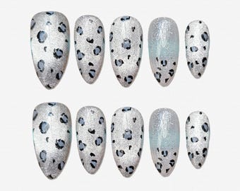 Leopard Print Press On Nails, Cheetah Print Nails, Cat Eye Nails, Animal Print Nails, Silver Glitter Nails, Glam Nails, Reusable Nails