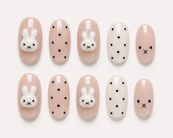 Miffy Inspired Press On Nails | 3D Bunny Nails | Cute Polka Dot Nails | Kawaii Nails | Minimal Nails | Japanese Nail Art | Short Nails