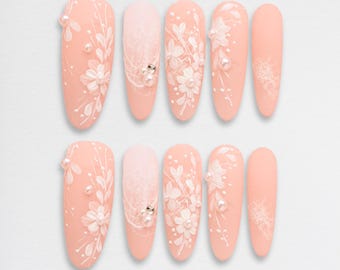 Orange Spring White Floral Short Long Bridesmaid Wedding Everyday Press On Nails