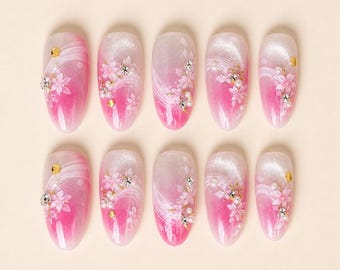 Pink cat eye Floral Press On Nails, Ombre Glitter Nails, Korean Style Nails, Romantic Flower Nails, Hand painted custom Reusable Nails