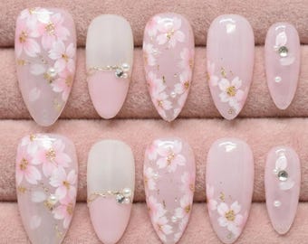 Cherry Blossom Press On Nails, sakura floral Nails, Pink press on nails, elegant nails, bridal press on , custom nails, short almond nails