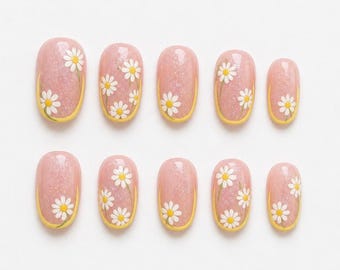 Daisy Press On Nails, Yellow French Tip Nails, White Floral Nails, Spring Summer Nails, Short Nails, Cute Minimal Nails, Handmade Custom Set