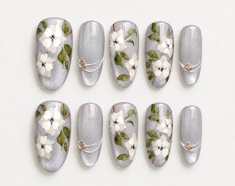 Japanese Style Floral Press on Nails, Cat Eye Nails, Short Almond Nails, Hand Painted Flower Nails, Elegant Bridal Nails, Custom Nails
