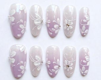 Purple Floral Press On Nails, Soft Girl Nails, Bridal Nails, Wedding Nails, Lavender Gradient Nails, Custom Nails, Korean Style Nails
