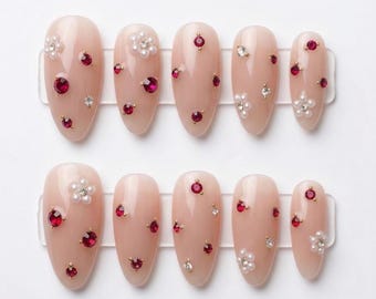 Gemstone Press On Nails, Red Rhinestone Nails, Pearl Nails Luxury Press on Nails, Red Nails, Elegant Nude Nails, Glam Nails, Reusable Nails