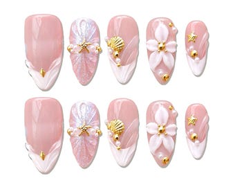 White Flower Press On Nails, White French Tip Nails, 3d Flower Nails, Floral Bloom Nails, Beach Nails, bridal Nails, Reusable Nails