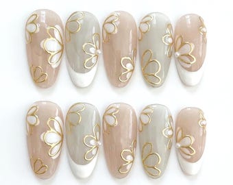 Minimal Floral Press On Nails, Gold Chrome Flower Nails, Elegant Nude French Tip Nails, Wedding Press On Nails, Custom Reusable Press Nails