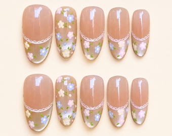 Floral Cat Eye Press On Nails, cute French tip nails, Pastel Flower Nails, Korean Style Nails, Spring Press On Nails, Custom Reusable Nails