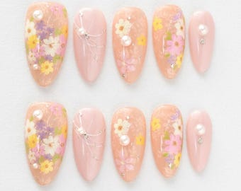 Spring Floral Press On Nails, Pastel Floral Nails, Soft Girl Nails, Custom Nails, Botanical Garden Nails, Pink Press On Nails, Bridal Nails