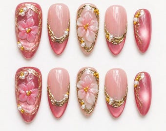 Pink Cat Eye Press On Nails, Pink Nails, 3d Floral Nails, Floral Bloom Press On Nails, Coquette Style Nails, bridal Nails, Reusable Nails