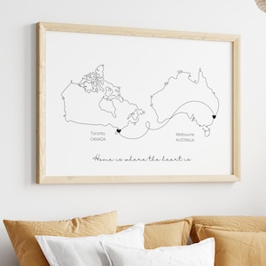 Benutzerdefinierte Karte Illustration, 2 Länder Strichzeichnung, Fern Beziehung Druck, personalisierte Umzug Geschenk, Familie Herz Wand Kunst