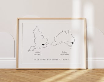 Custom Heart Map Print, Any 2 Countries Line Drawing, Long Distance Relationship Gift, Personalised Moving Away Gift, Family Map Art Print