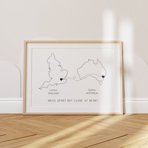 Impresión de mapa de corazón personalizada, dibujo lineal de 2 países, regalo de relación a larga distancia, regalo de mudanza personalizado, impresión artística de mapa familiar