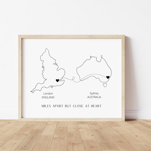 Custom Heart Map Print, Any 2 Countries Line Drawing, Long Distance Relationship Gift, Personalised Moving Away Gift, Family Map Art Print