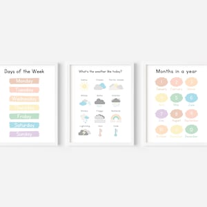 Set van 3 educatieve posters, leerkaarten voor peuters, pastel speelkamerdecor voor kinderen, Boho Days Months & Weather Prints, Montessori Classroom