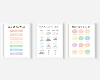 Set of 3 Educational Posters, Toddler Learning Charts, Pastel Kids Playroom Decor, Boho Days Months & Weather Prints, Montessori Classroom