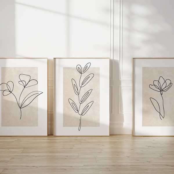 Set Of 3 Line Art Botanical Prints, Minimal Botanical Posters, Continuous Flower Line Drawing, Minimalist Line Art Prints, Modern Wall Decor