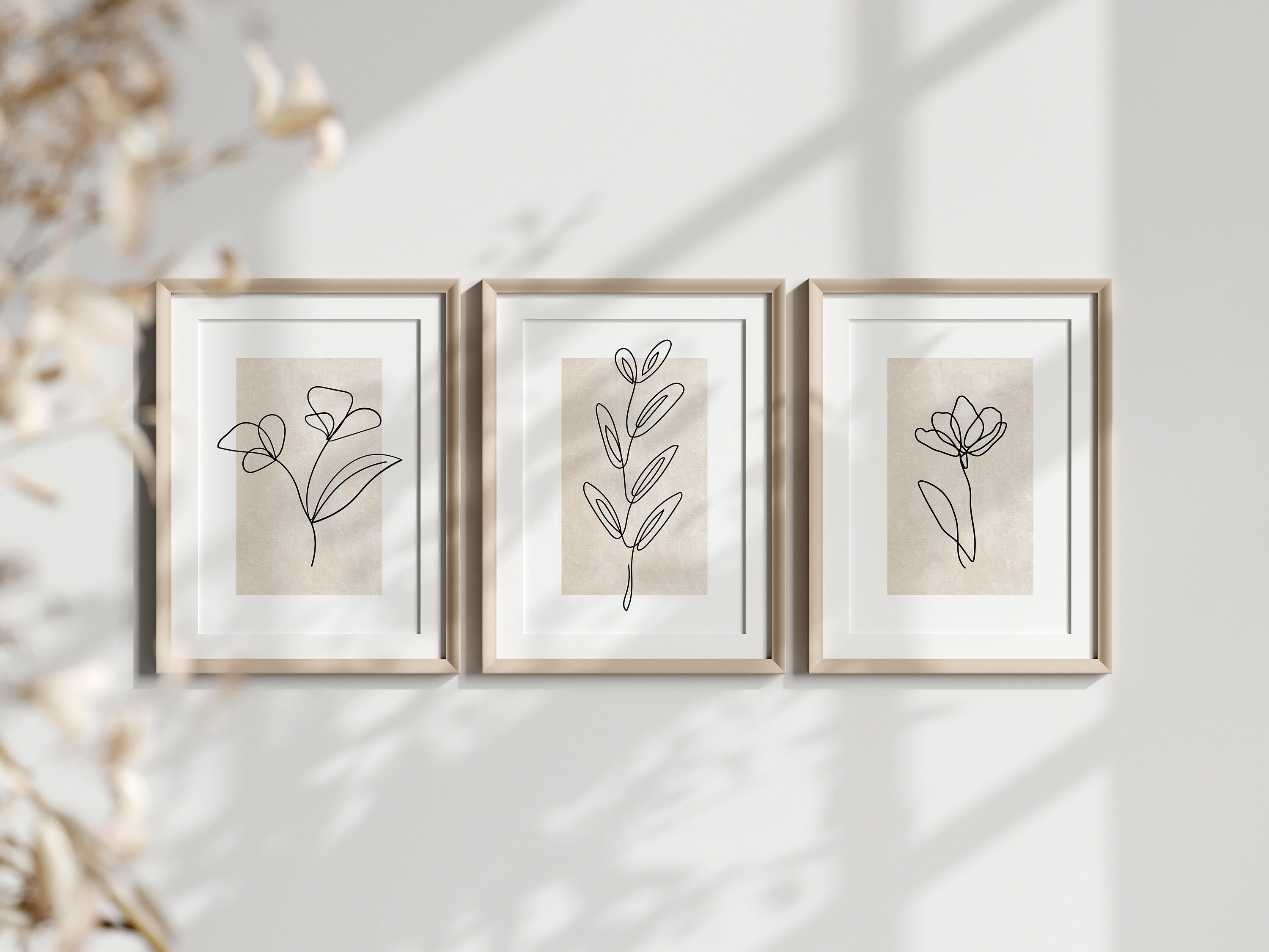 Set of 3 Line Art Botanical Prints, Minimal Botanical Posters