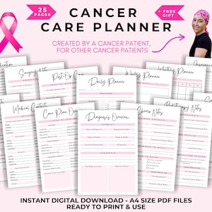 Kankerzorgplanner, diagnose gezondheidstracker, afdrukbaar roze chemodagboek, organisator kankerbehandeling, cadeau borstkankerpatiënt, digitaal
