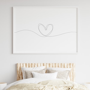 Minimalist Heart Line Art Print, Continuous Line Drawing Heart Print, Above Bed Heart Wall Art Decor, Black & White Heart Printable Wall Art