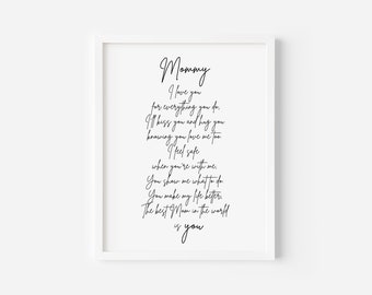 Mommy I Love You Poem Print, Personalized Mothers Day Printable Wall Art, Custom Gift To Mom, Sentimental Gift To Mum From Child or Children