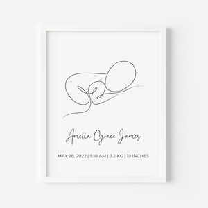 Impresión artística personalizada de la línea del bebé, póster personalizado del anuncio del nacimiento, dibujo minimalista de la línea del bebé, impresión de arte mural del nombre del bebé de género neutro