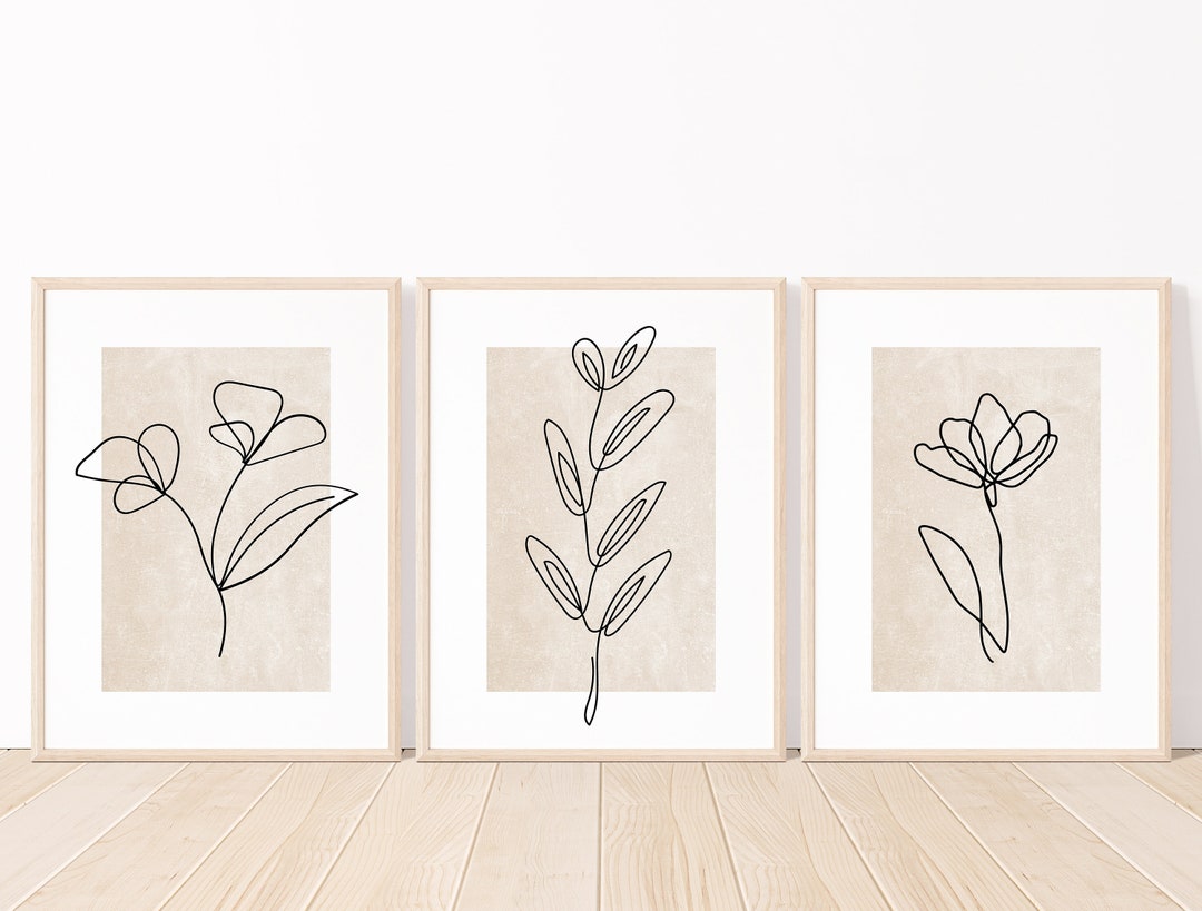 Set of 3 Line Art Botanical Prints, Minimal Botanical Posters