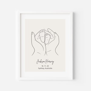 Benutzerdefinierte Geburt Druck, personalisierte Neugeborenen Geburt Poster, Baby Ankunft Ankündigung, Geburt Details Druck, Hände & Baby Füße Line Art Zeichnung