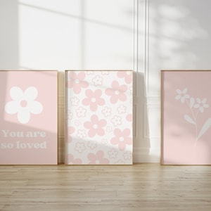 Set of 3 Pink Spring Daisies Nursery Prints, You Are So Loved Printable Wall Art, Minimal Botanical Poster, Baby Girl Daisy Flower Prints