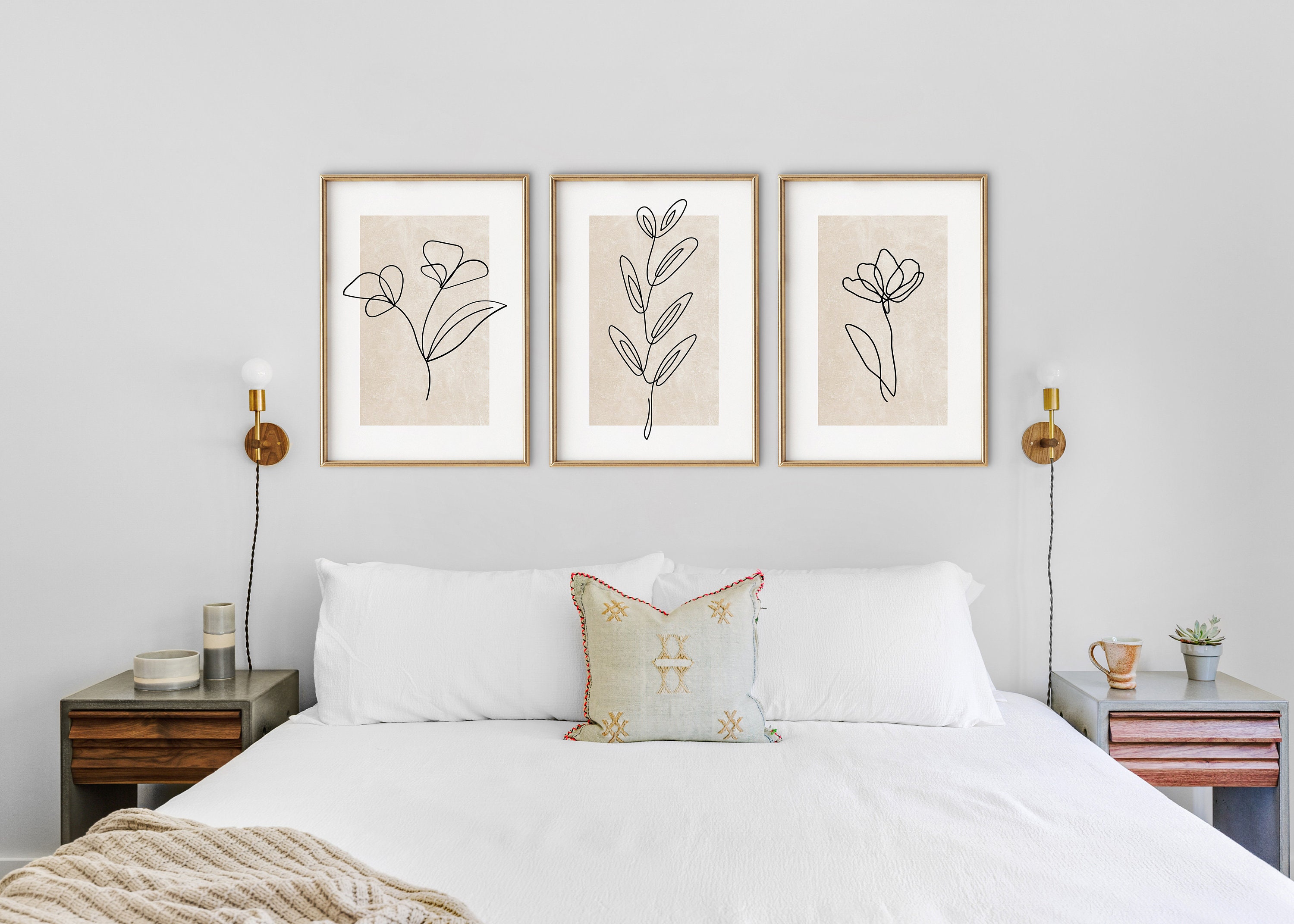 Set of 3 Line Art Botanical Prints, Minimal Botanical Posters