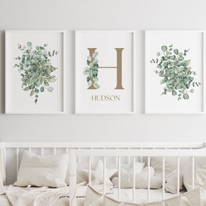 Set Of 3 Custom Name Eucalyptus Prints, Personalised Initial Art Print, Gender Neutral Nursery Wall Art, Modern Minimal Botanical Art Prints