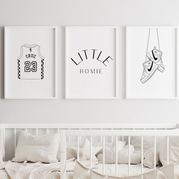 Art mural personnalisé maillot de basket-ball, lot de 3 impressions noir et blanc pour chambre d'enfant, affiche petit pote, art mural chambre de garçons, dessin au trait baskets de bébé