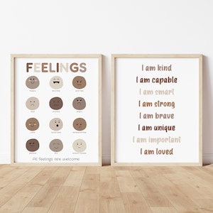 Set van 2 grafiek peutergevoelens, emoties muurkunst, affirmaties voor kinderen, klasposter, neutraal speelkamerdecor, educatieve prints voor kinderen