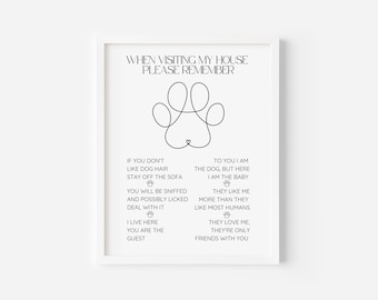 Dog House Rules Wall Art Print, Dog Lover Sign, Funny Dog Rules, Minimalist Dog Print, Pet Paw Print, Printable Wall Art, Digital Download
