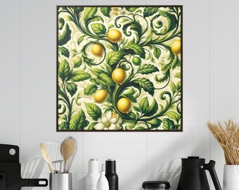 Framed Canvas Antique Textiles Wall Art Print Vintage Gallery art with hanging kit | Provencal Lemons | Original Kitchen Art