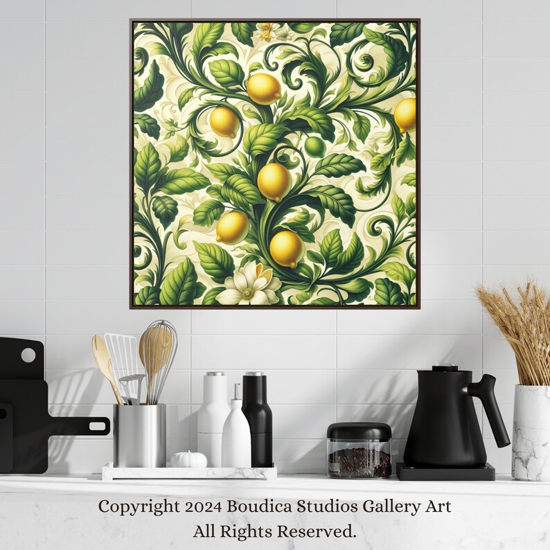 Framed Canvas Antique Textiles Wall Art Print Vintage Gallery art with hanging kit Provencal Lemons Original Kitchen Art image 1