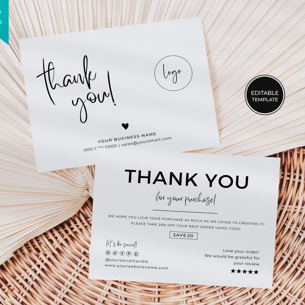 Business Thank You Card Editable, Printable Thanks For Your Purchase Card,  Small Business Package Insert, Customizable  Canva Template