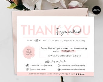 Printable Thank You Cards Business Template | Poshmark Small Business Thank You For Your Purchase | Editable Customer Packaging Insert Note