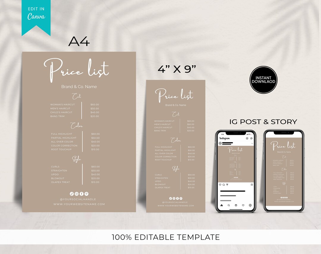 Price List Template Editable, Spa and Salon Price List Template ...
