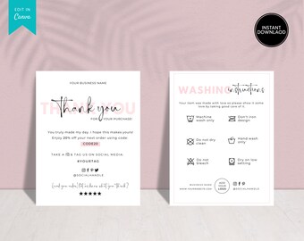 Editable Washing Instructions Card Template, Printable Clothing Care Card, T-shirt Care Card,  Shirt Care Card, Customizable Care Card