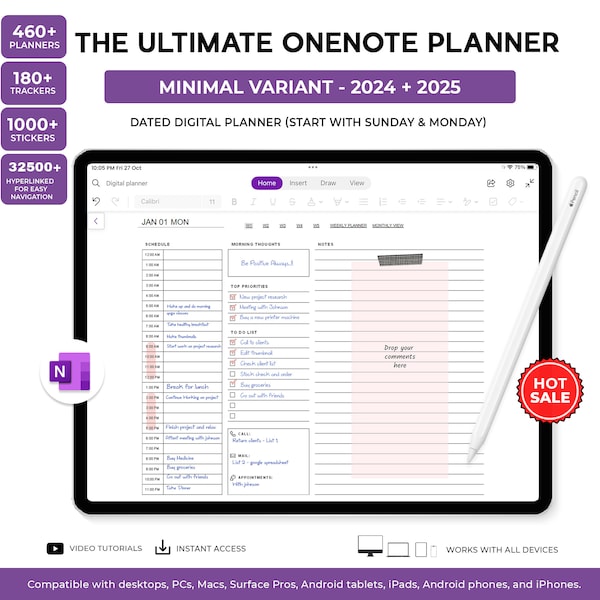 OneNote Digitaler Planner, Hyperlinked OneNote Planner, 2024 2025 Digitaler Planer-Android, iPad, Windows, PC, MacBook, Surface Pro, Computer