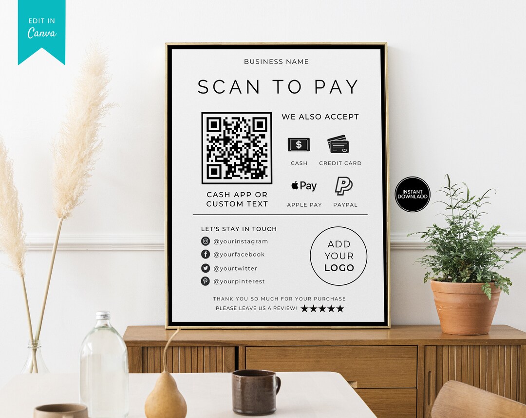 Qr Code Sign Pament Editable QR Code Sign Printable Payment Sign Scan to Pay - Etsy Canada