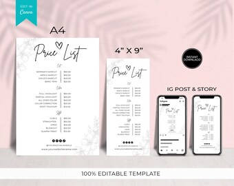 Editable Price List Template, Small Business Price List, Salon Price List, Modern Price List, Printable Beauty Price List, Canva Price List