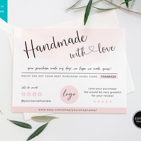 Handmade With Love Thank you Card Template, Thank You for Your Order Package Insert, Small Business Etsy Seller Thank You Note, Canva