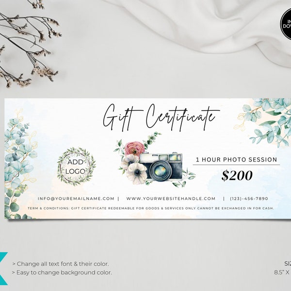 Editable Photographer Gift Certificate, Photography Gift Card Template, Eucalyptus Photography Gift Card, Photo session voucher Card