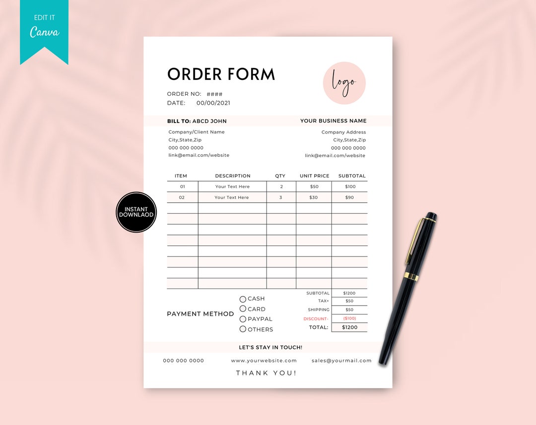 Editable Order Form Template, Custom Order Forms, Small Business Forms, Etsy Order Form, Modern